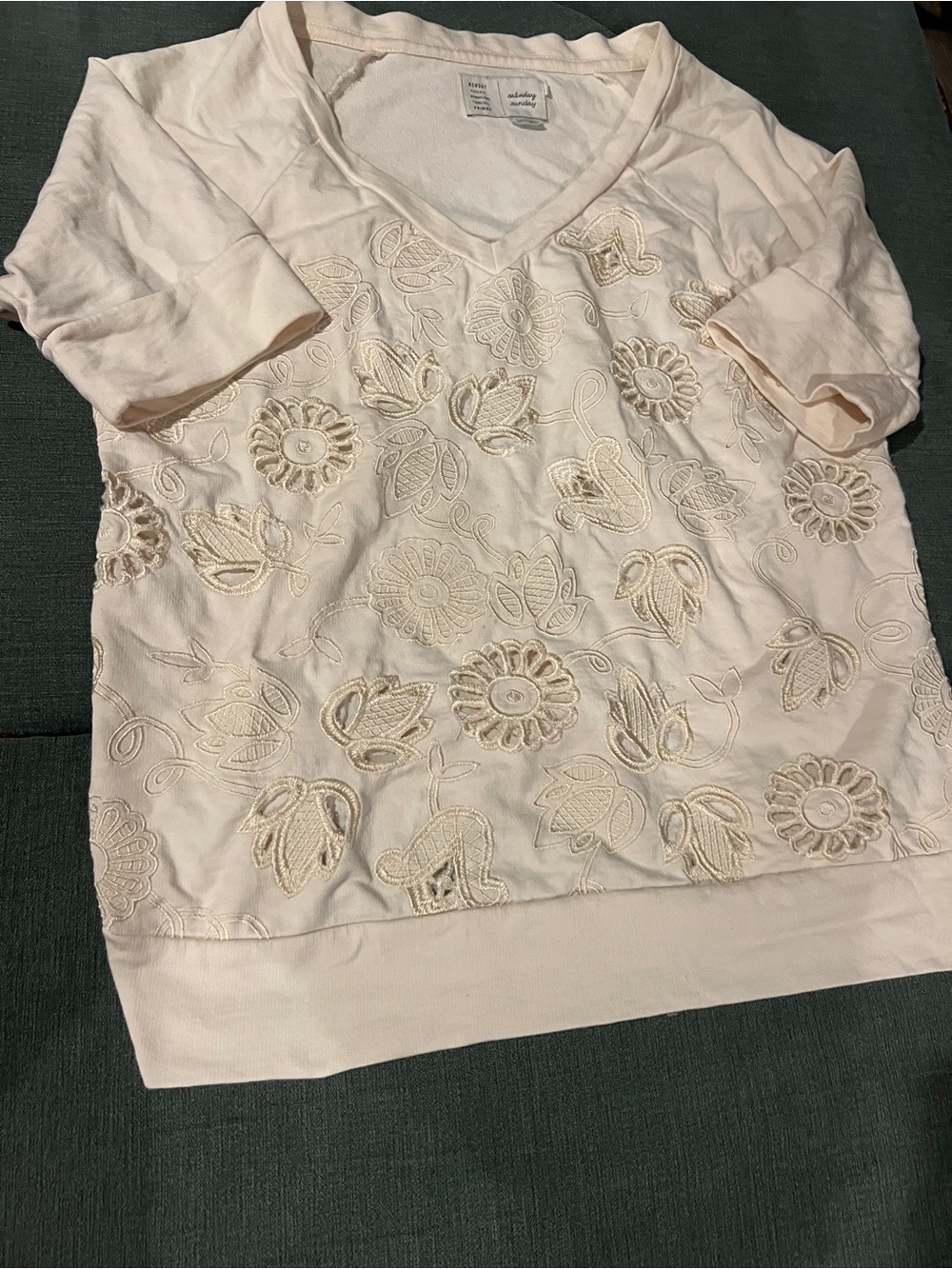 Embroidered V-Neck Short-Sleeve Sweatshirt in Pale Pink